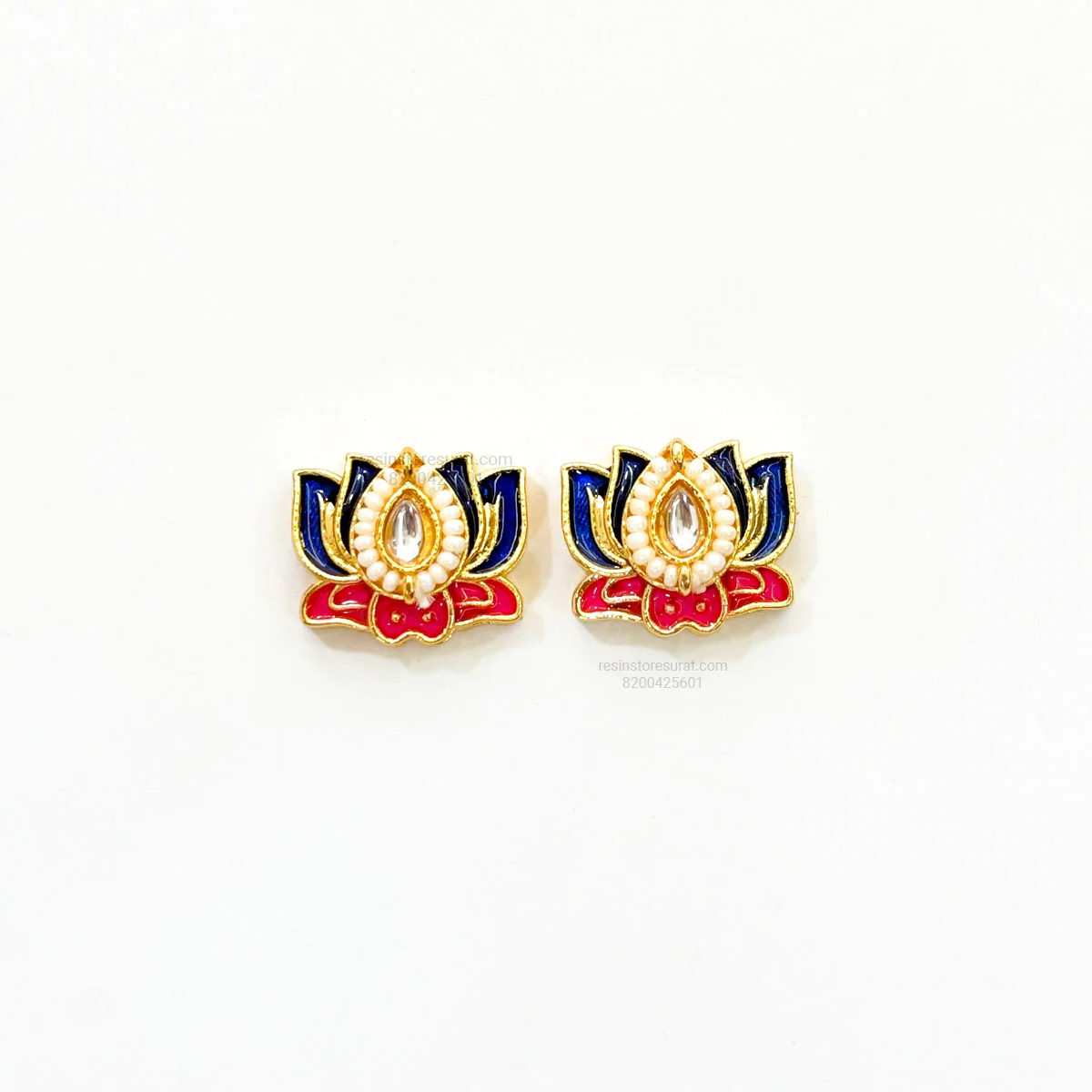 Blue Lotus Meenakari Red Leaf Gold Charm D24 - 2 Pcs