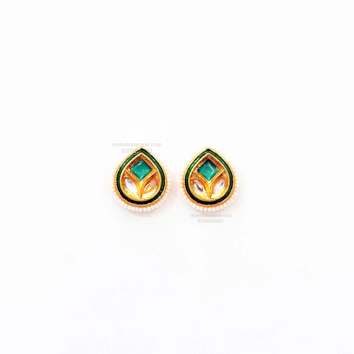 Drop Green Meenakari Kundan D28 Gold Charm - 2 Pcs