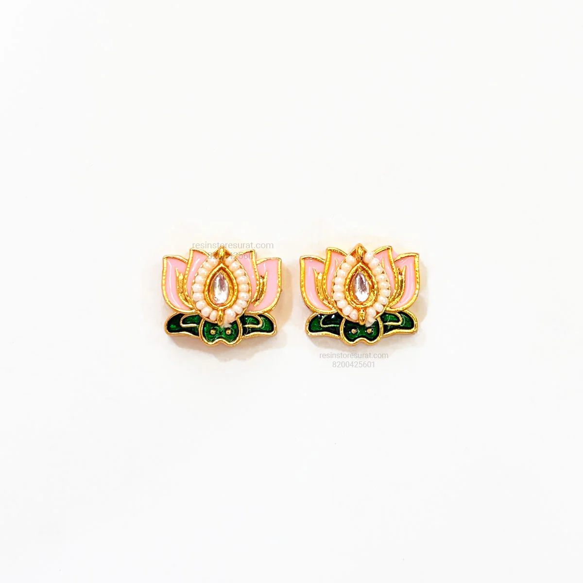 Light Pink Lotus Meenakari Green Leaf Gold Charm D22 - 2 Pcs