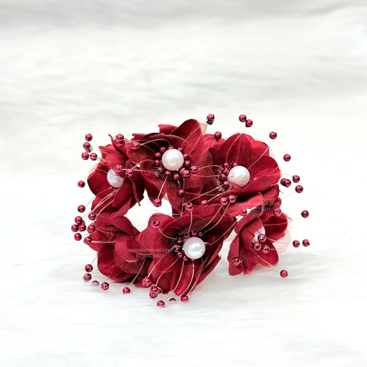 Maroon Organza and Satin Flower with Pearl Spray Burgundy Artificial Flower