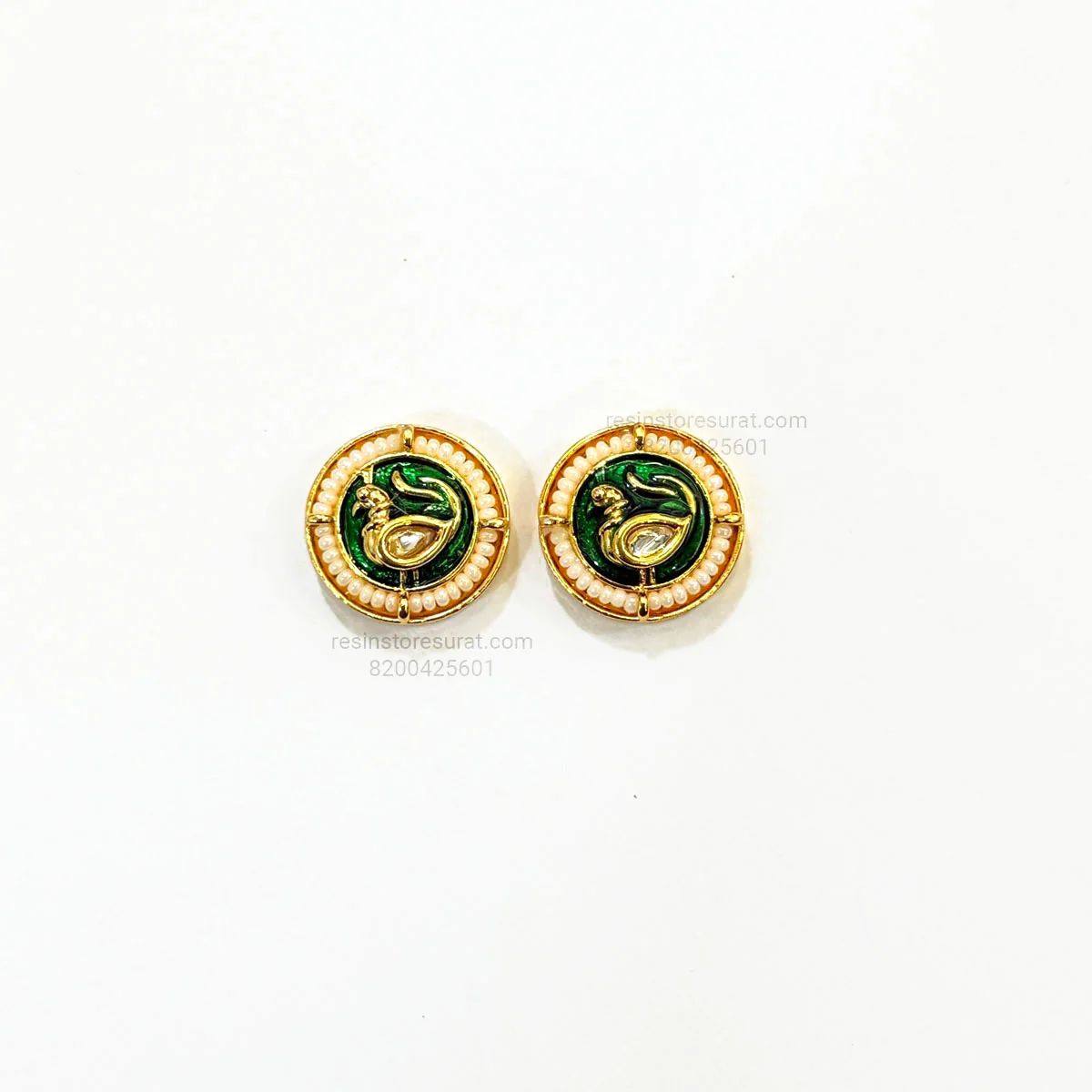 Peacock With pearl ring Meenakari Kundan Beads Green Gold Charm D6