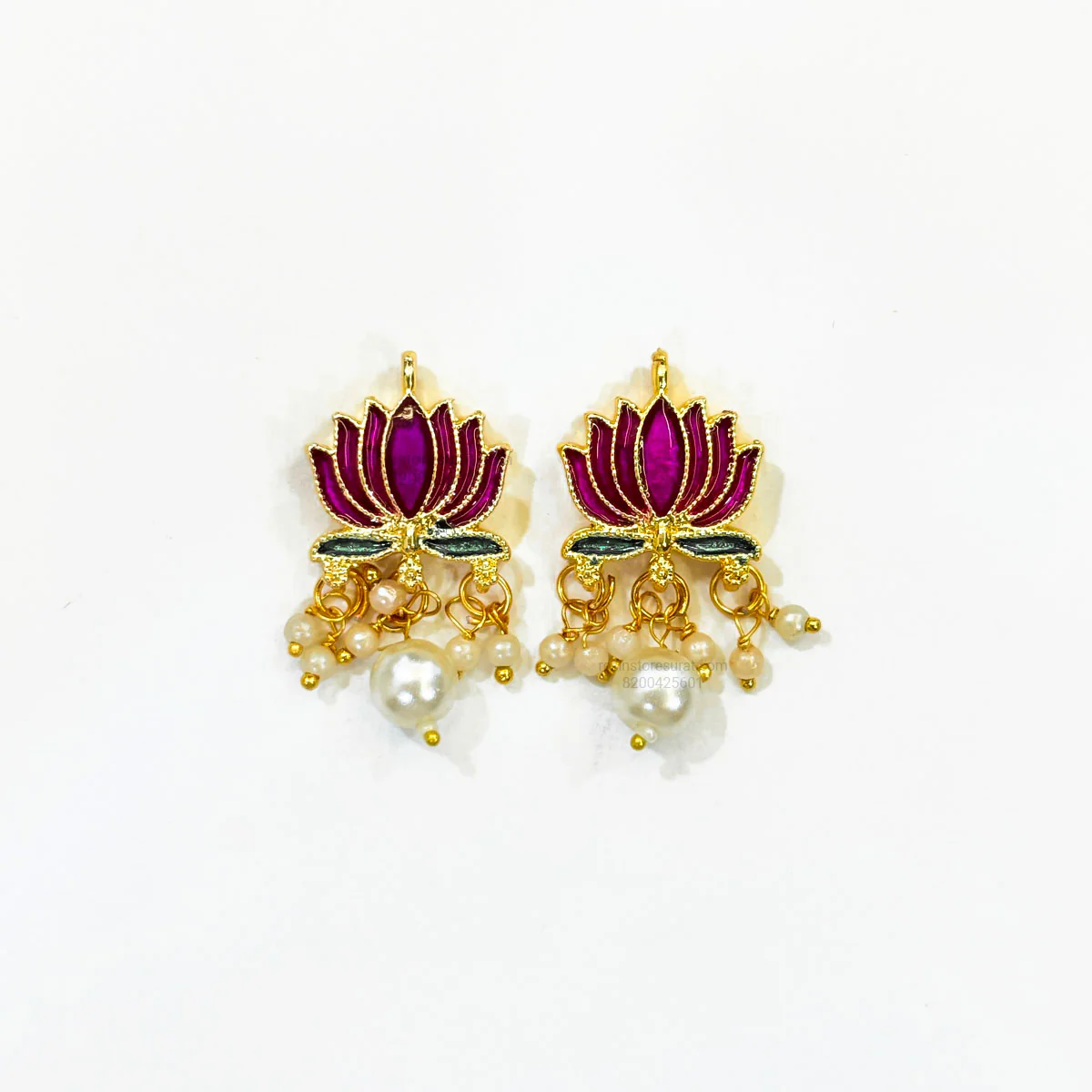 Purple Lotus Meenakari Pearl Beads Gold Charm D21 - 2 Pcs