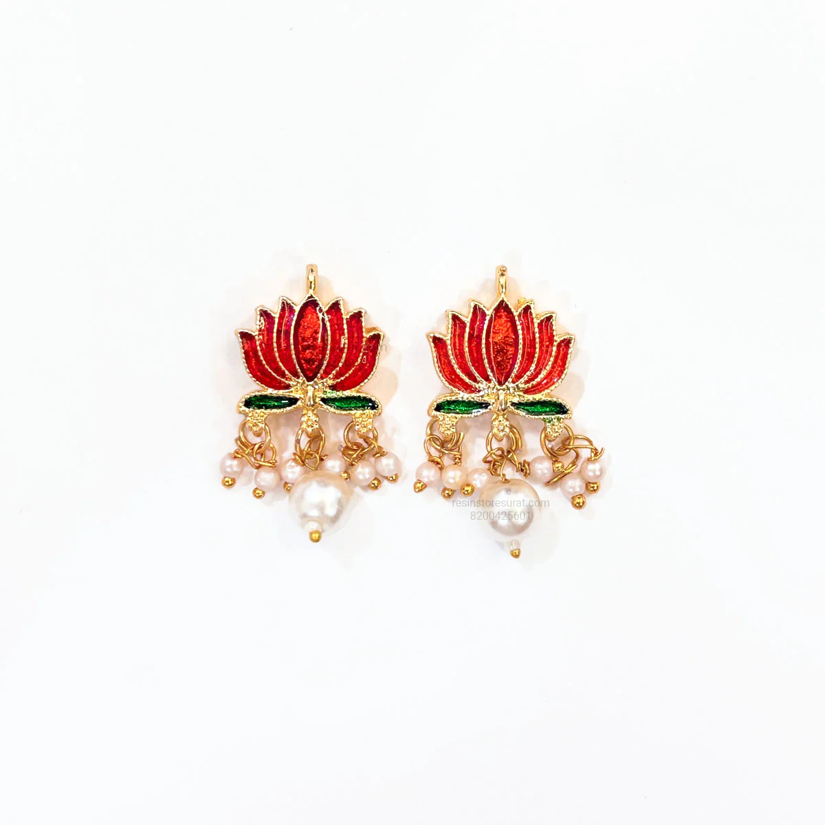 Red Lotus Meenakari Pearl Beads Gold Charm D18 - 2 Pcs