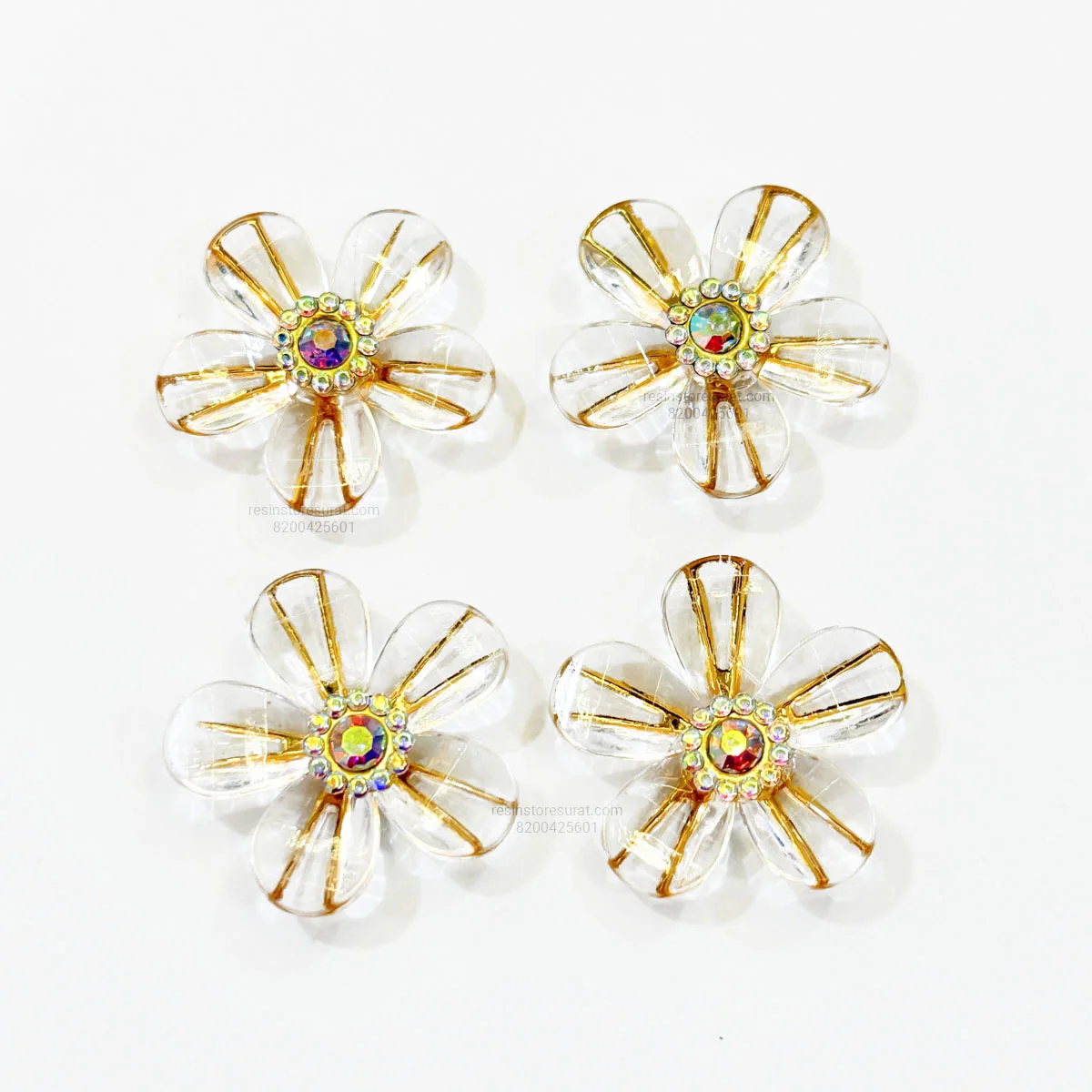 Reflective Designer 5 Leaf Transparent Golden Flower - 4 Pcs