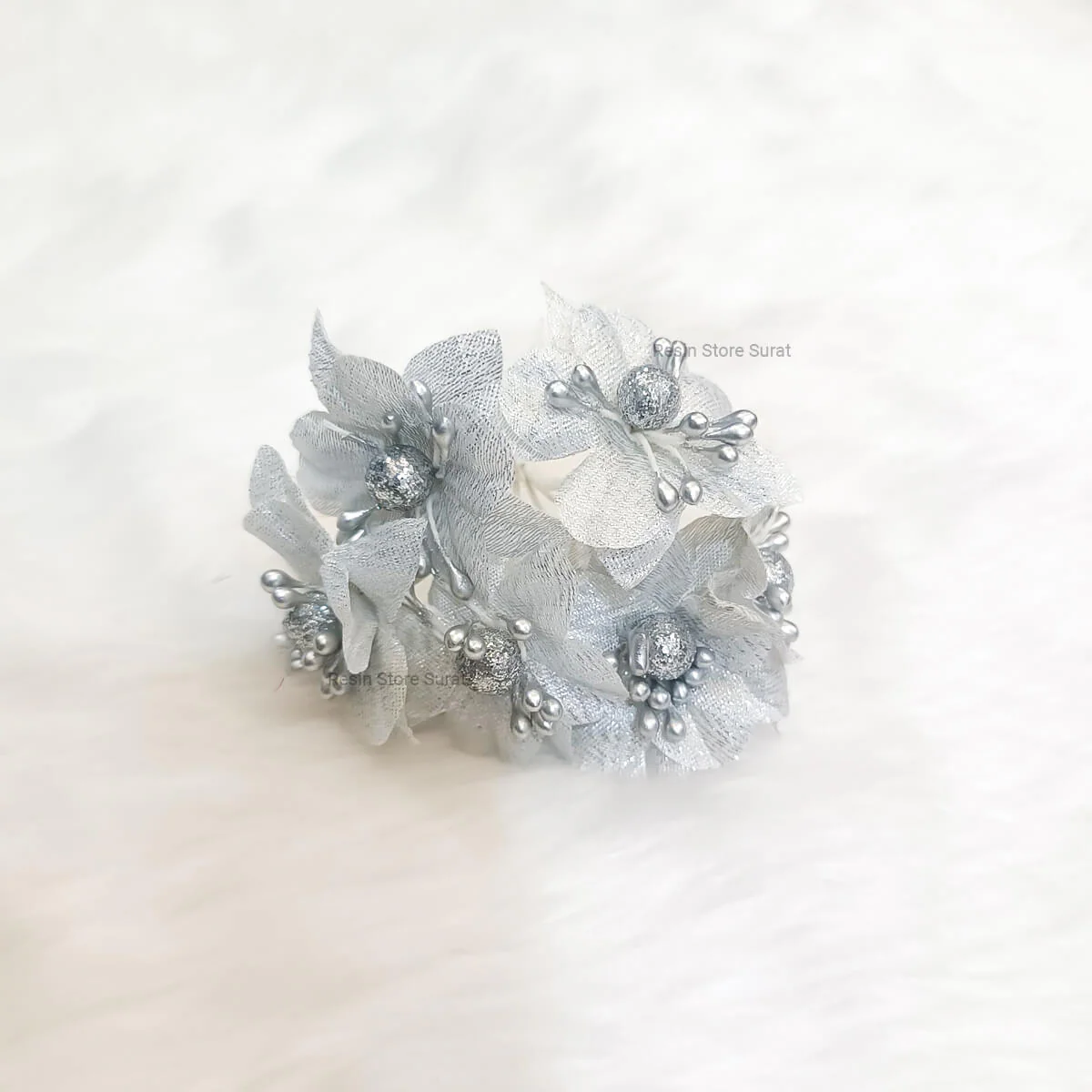 Silver Cloth Flower 6 Pcs Bunch